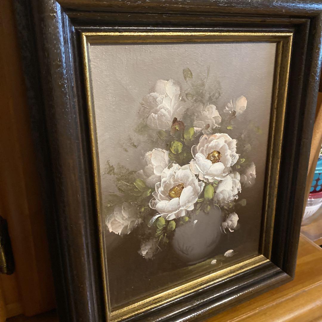 ヴィンテージ 花瓶の白い花 油彩画