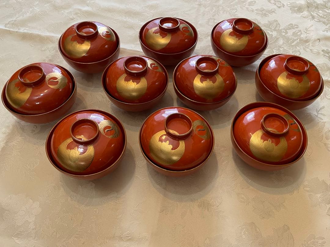 Lacquerware Lidded Bowls, Set of 10, Crane and Tortoise Gold Decoration, Vintage