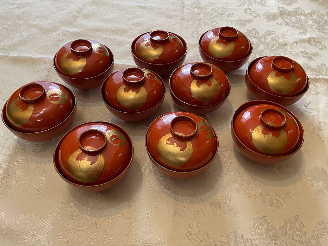 Lacquerware Lidded Bowls, Set of 10, Crane and Tortoise Gold Decoration, Vintage