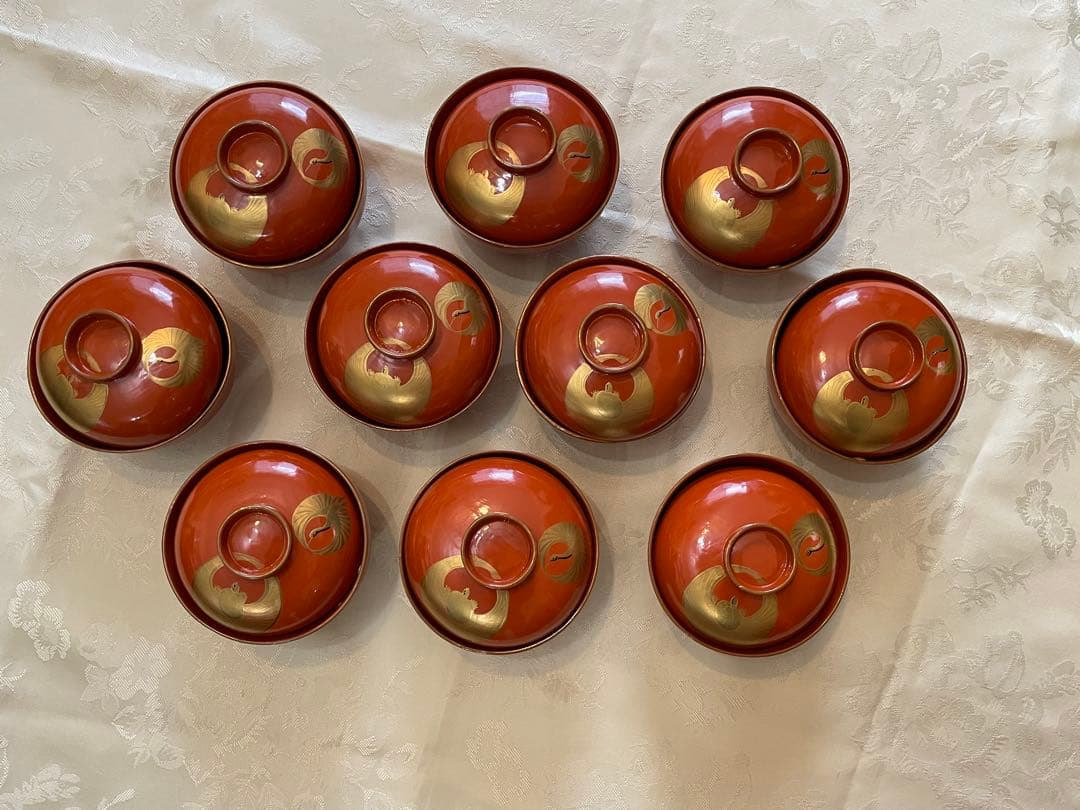 Lacquerware Lidded Bowls, Set of 10, Crane and Tortoise Gold Decoration, Vintage