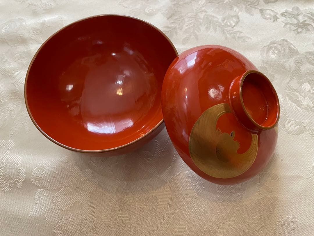 Lacquerware Lidded Bowls, Set of 10, Crane and Tortoise Gold Decoration, Vintage