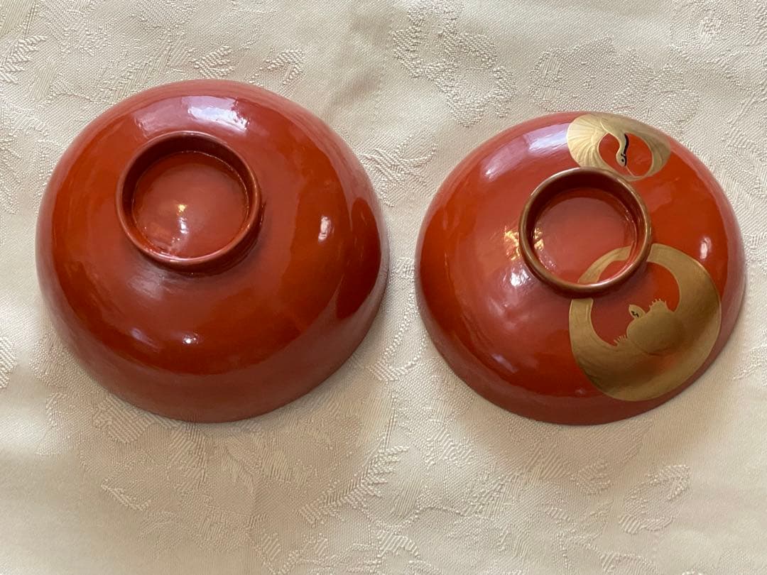 Lacquerware Lidded Bowls, Set of 10, Crane and Tortoise Gold Decoration, Vintage
