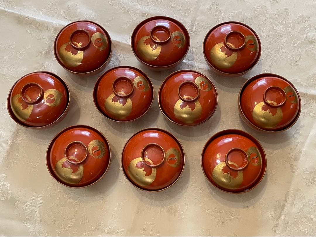 Lacquerware Lidded Bowls, Set of 10, Crane and Tortoise Gold Decoration, Vintage