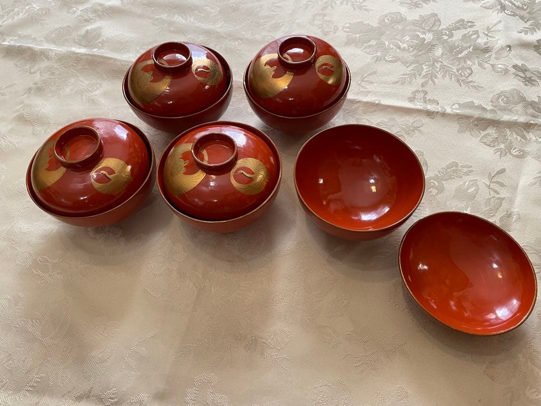 Lacquerware Lidded Bowls, Set of 10, Crane and Tortoise Gold Decoration, Vintage