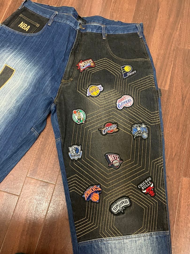 NBA ジーンズ　刺繍　ワッペン　ワイドパンツ　極太デニム