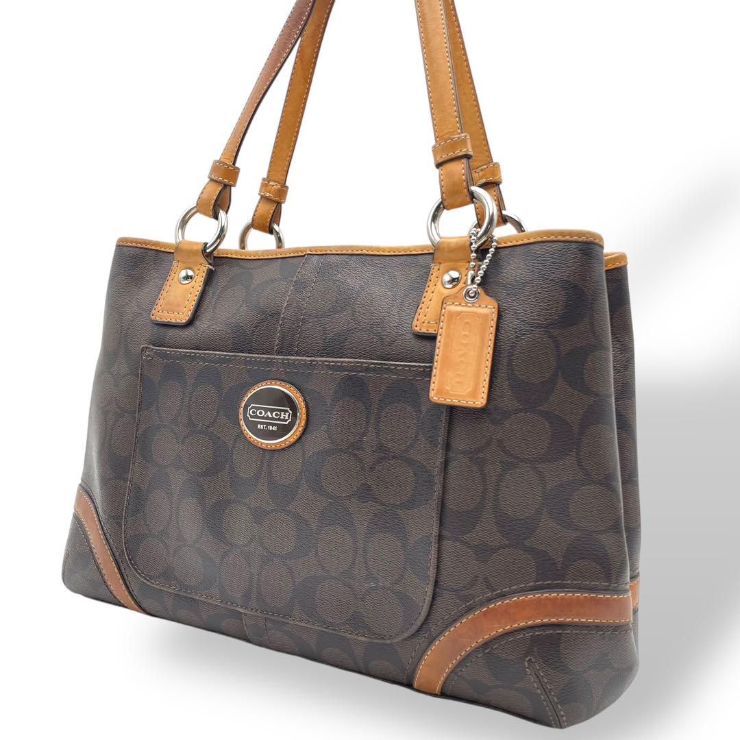 良品 COACH トートバッグ PVCレザー ブラウン シグネチャー 肩掛け