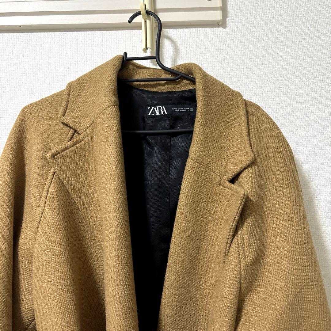 zara ロングラインベルト付きウールブレンドコート