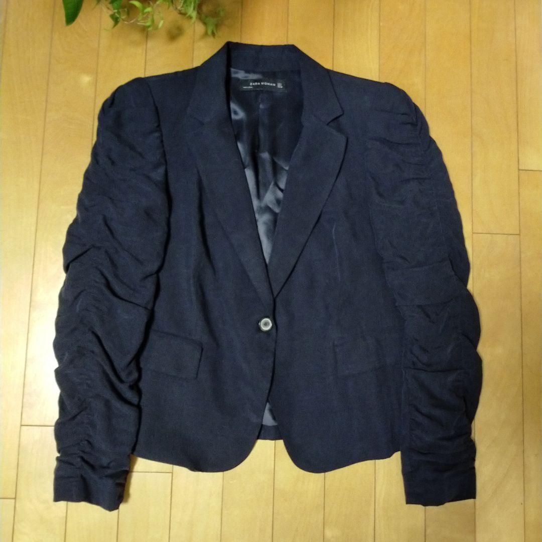 ZARA WOMAN シャーリングスリーブ ネイビー テーラードジャケット