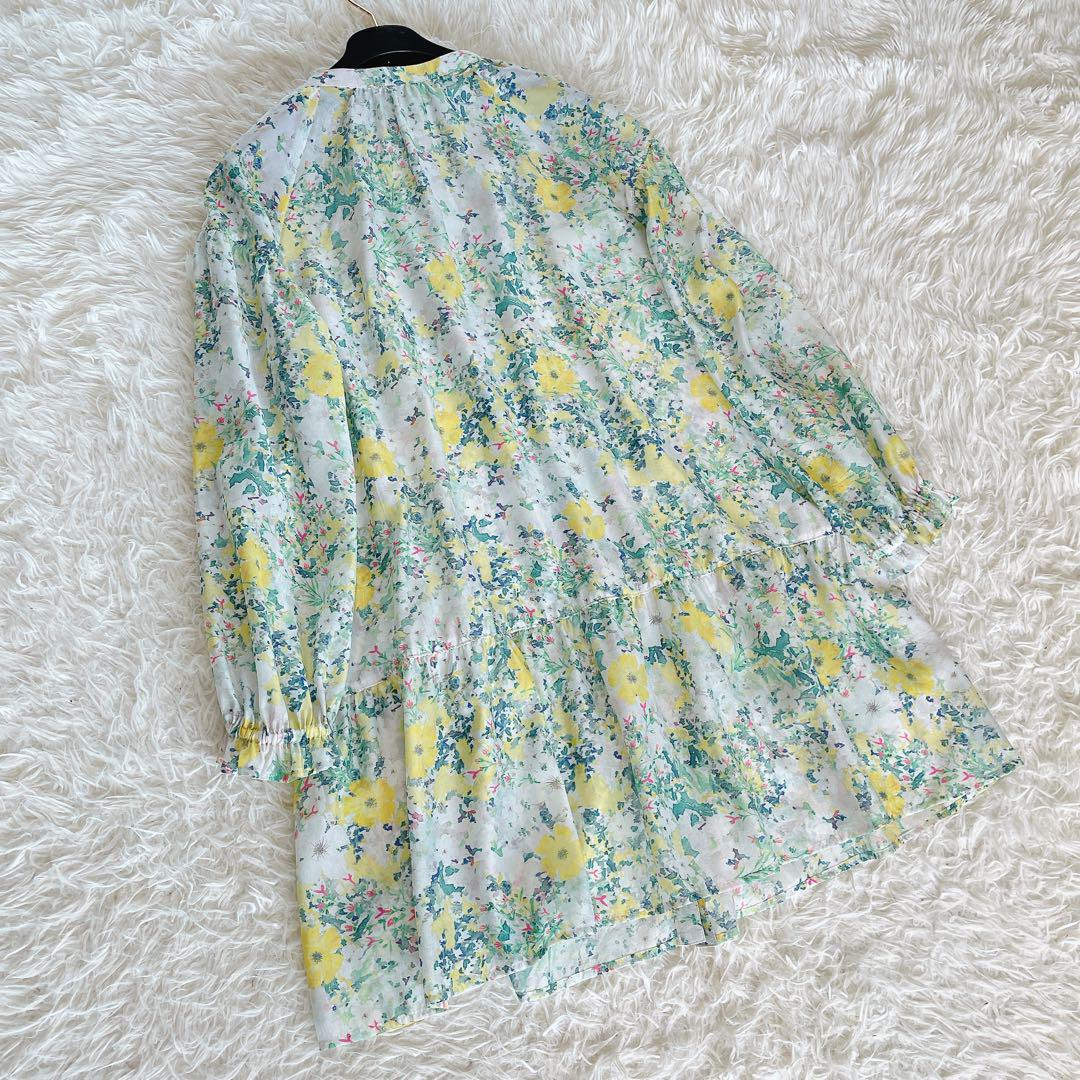 美品✨【レリアン】フラワー柄チュニックブラウス イエロー シフォン 13+ XL