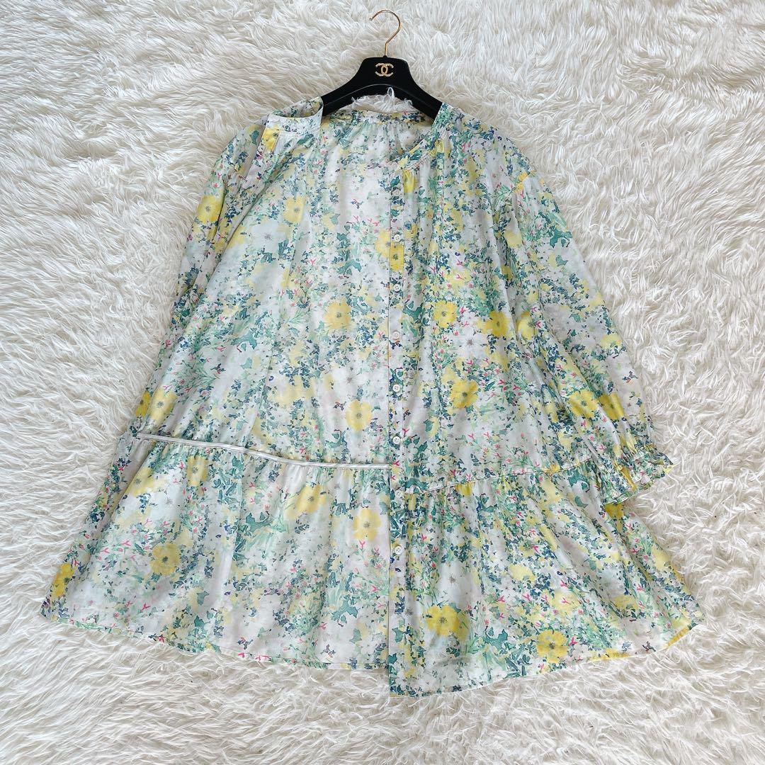 美品✨【レリアン】フラワー柄チュニックブラウス イエロー シフォン 13+ XL