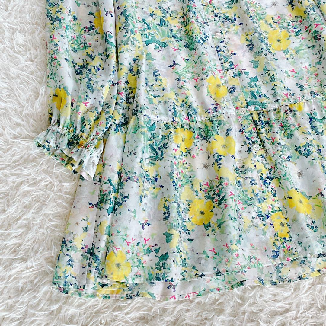 美品✨【レリアン】フラワー柄チュニックブラウス イエロー シフォン 13+ XL