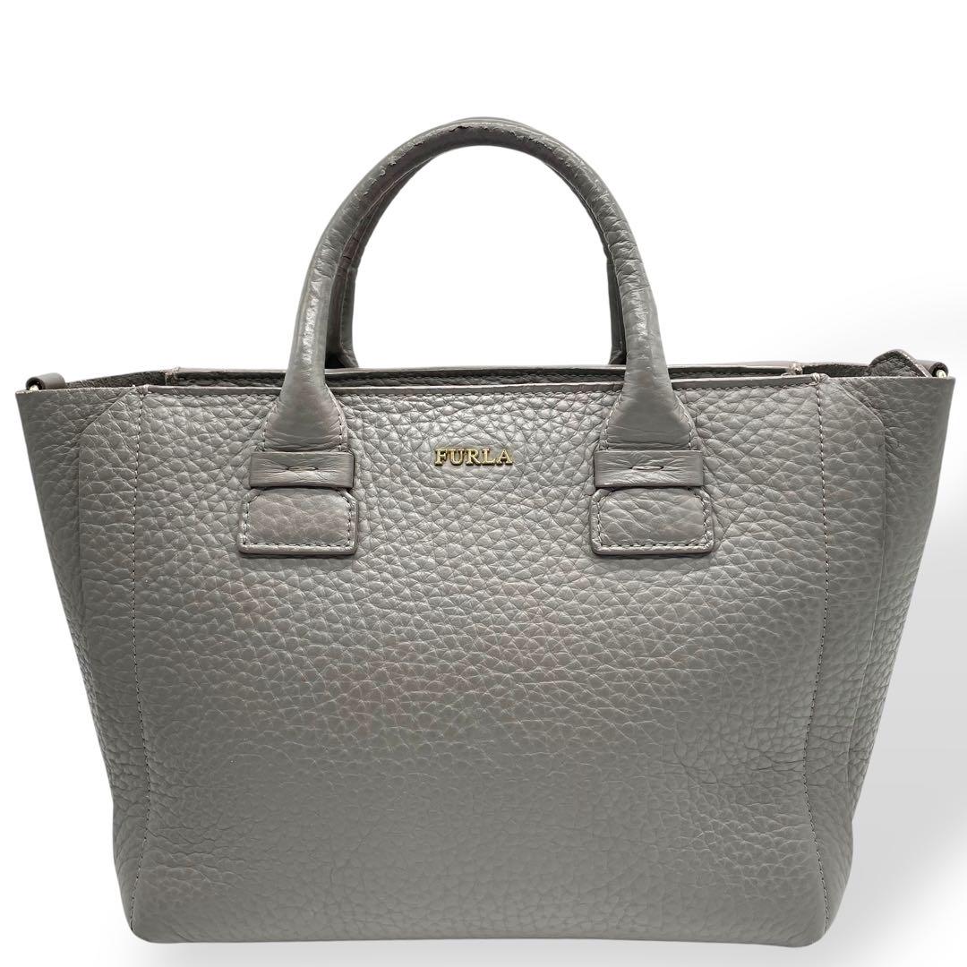 美品　FURLA フルラ　ハンドバッグ　レザー　グレー　自立　シボ革