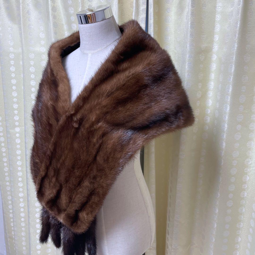 極美品】MINK ブラウンミンク フリンジ付き 本毛皮大判ショール