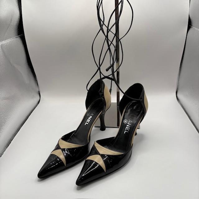 シャネル パンプス ヒール アンクルストラップ ベージュ×ブラック 37 1/2