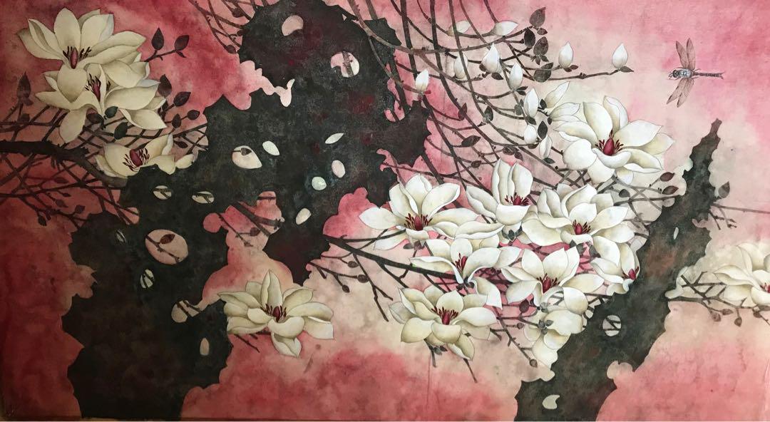 A*送料無料*手描き 原画 紙本 墨彩（白蘭花）落款印有