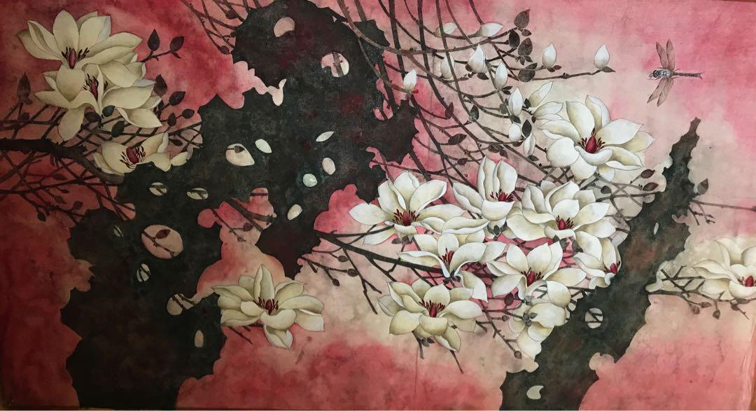 A*送料無料*手描き 原画 紙本 墨彩（白蘭花）落款印有