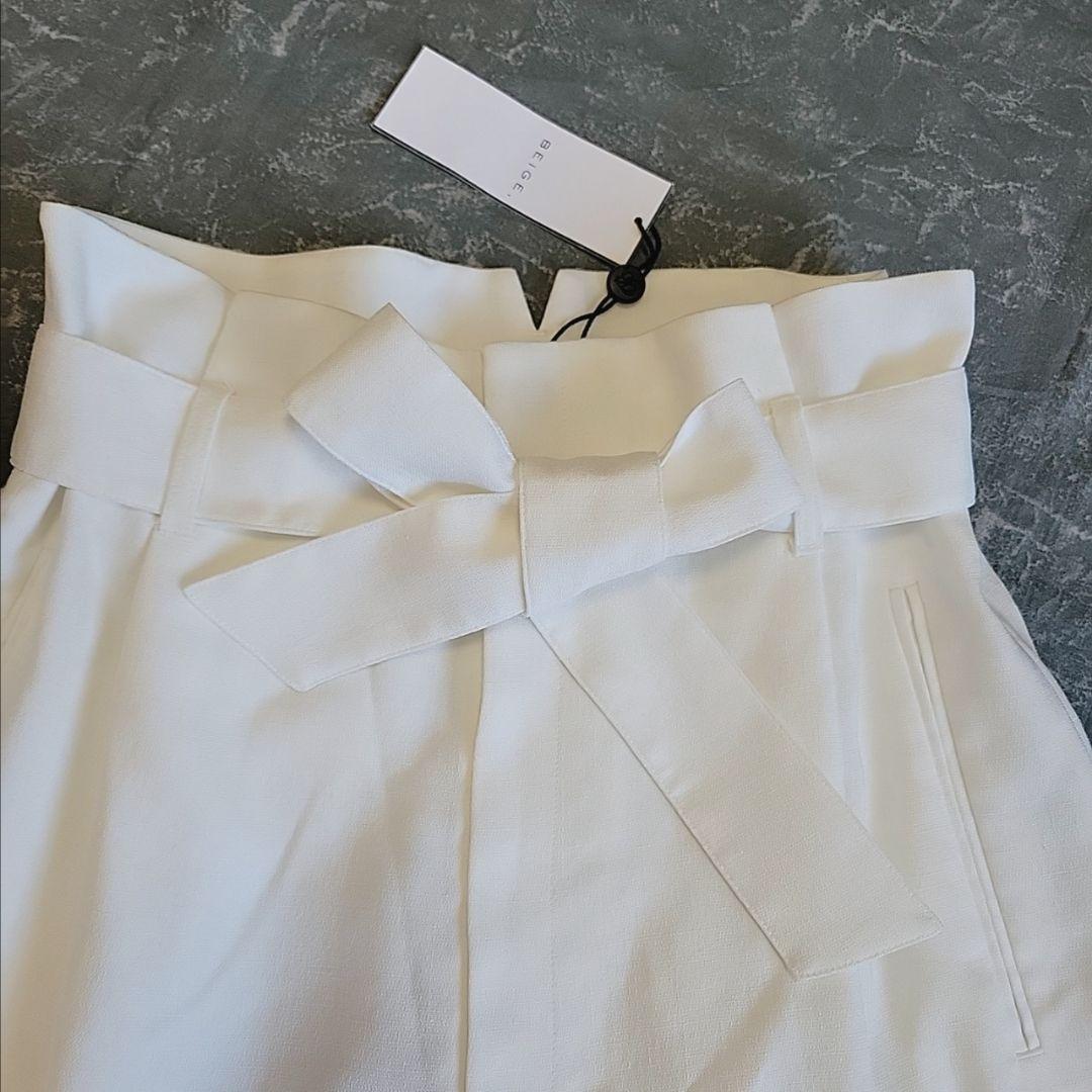 【新品未使用】BEIGE, リネンライクハーフパンツ 白 洗える キュロット M
