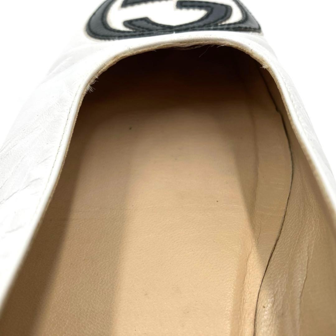 GUCCI グッチ 26.5cm レザー フラット パンプス 白黒 GG