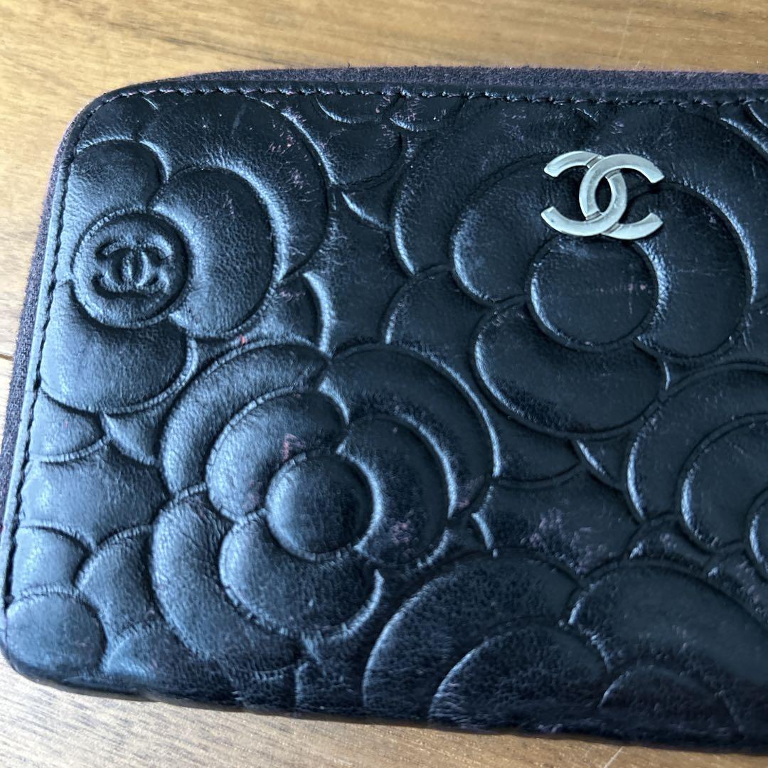 CHANEL ブラック 長財布 フラワーエンボス