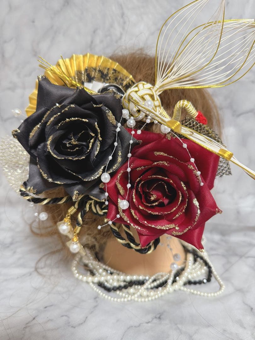 ꫛꫀꪝ✧No.2180 赤×黒ローズ髪飾りセット 成人式 二十歳の集い