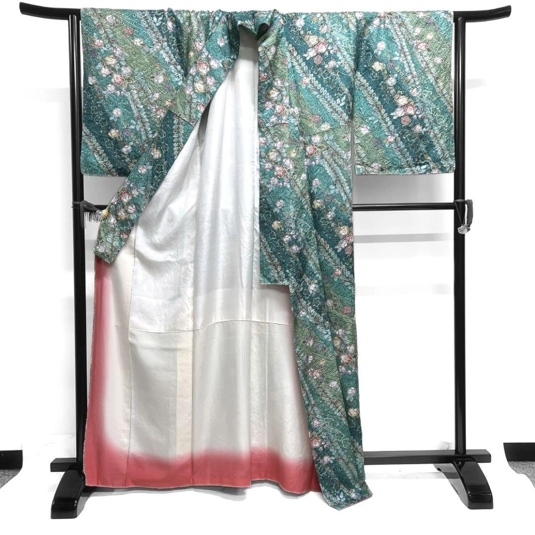 小紋 辻ヶ花 絞り 金彩 斜め縞 藤 グラデーション 着物 044a d