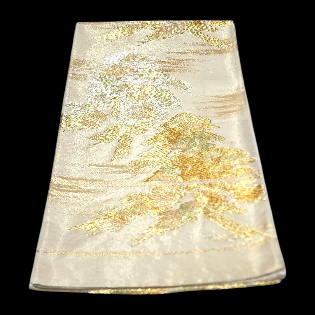 クリーム色 袋帯 金色の花模様 きもの 帯 和服 和装 六通やや傷や汚れあり