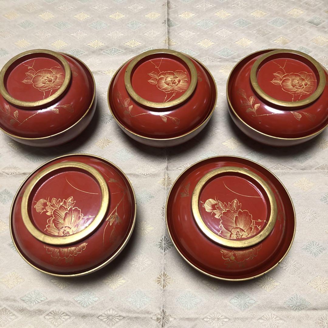 輪島塗　金蒔絵　汁椀　菓子椀　牡丹図5客セット