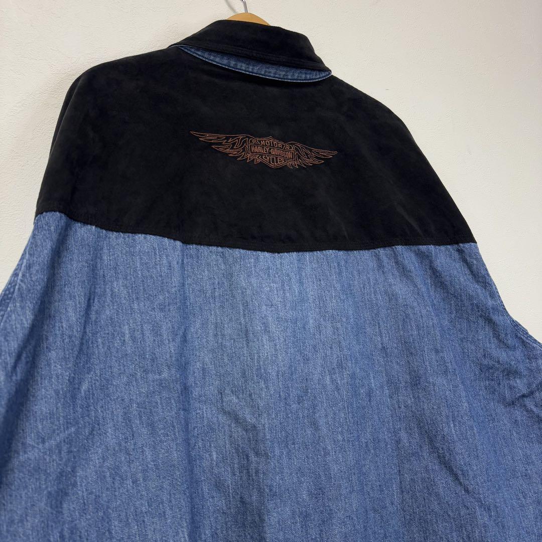 Harley Davidson ハーレー ダンガリー デニム シャツ 半袖 刺繍
