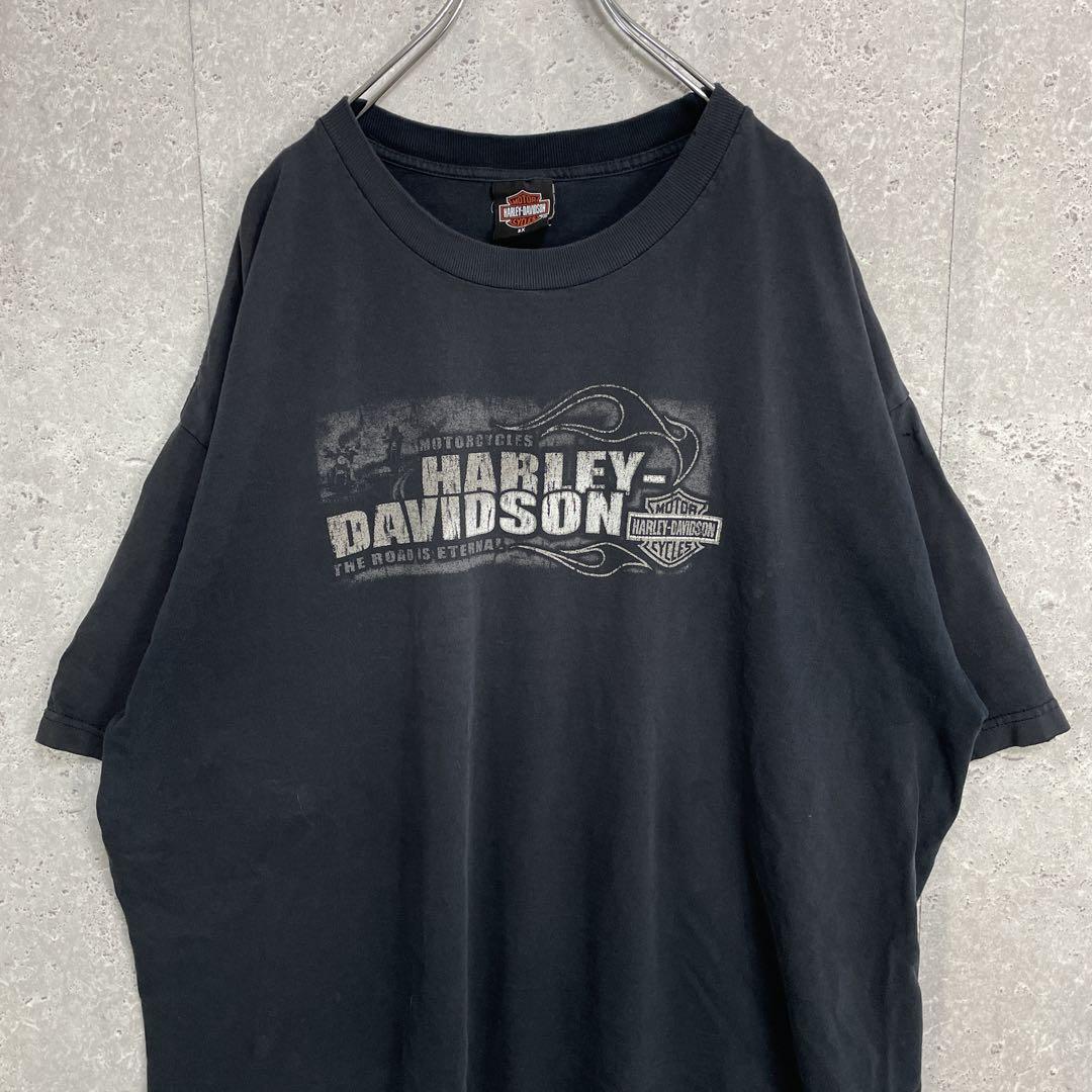 ハーレーダビッドソン　USA製　両面プリント　バイク　ロゴブラックTシャツ3XL