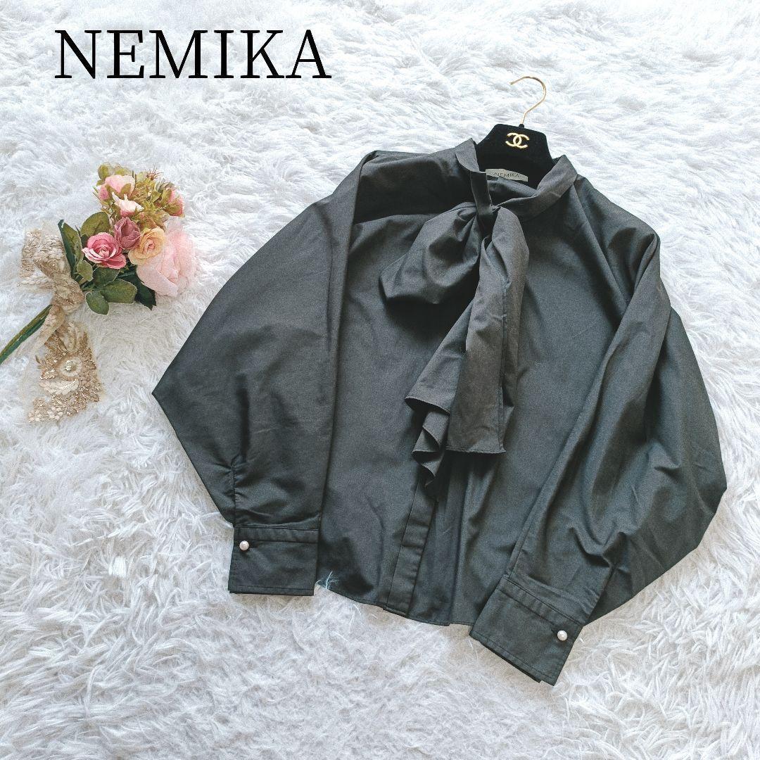 NEMIKAネミカ 長袖シャツ ブラウス パール ボウタイ コットン ブラックS NEMIKA