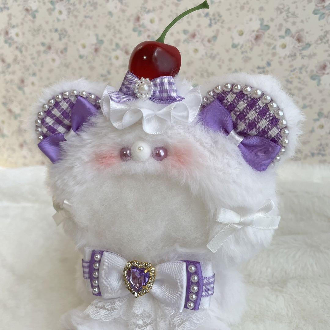 格安新品  さくらんぼパフェくま／紫色❤︎おすわりぬい服 着ぐるみ ちび 着せ替え服・アウトフィット