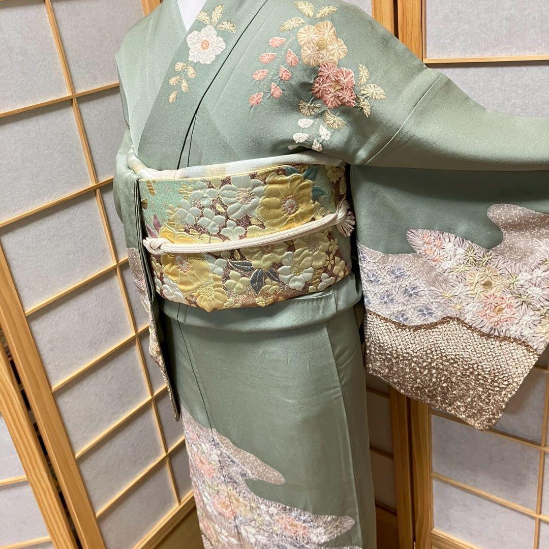 ［5794］訪問着 草花道長文様 絞り 金彩 正絹 着物 袷