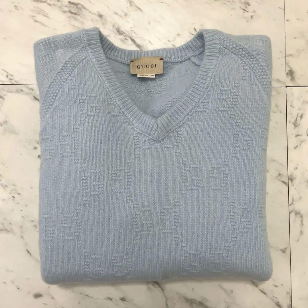 極美品✨️Gucciグッチ水色Vネックウール100%ニット12Y大人女性着用可 極美品✨️Gucciグッチ水色Vネックウール100%ニット12Y大人女性