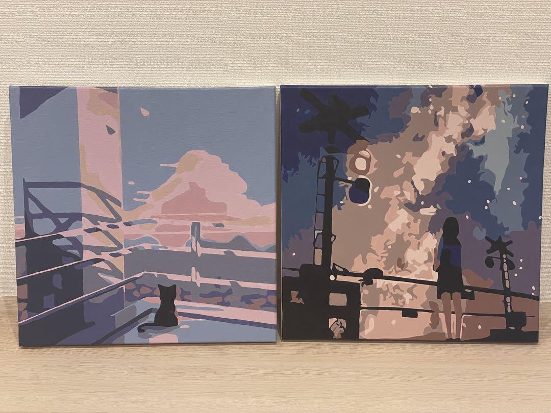猫と女性のシルエット、夜　絵画　2枚セット