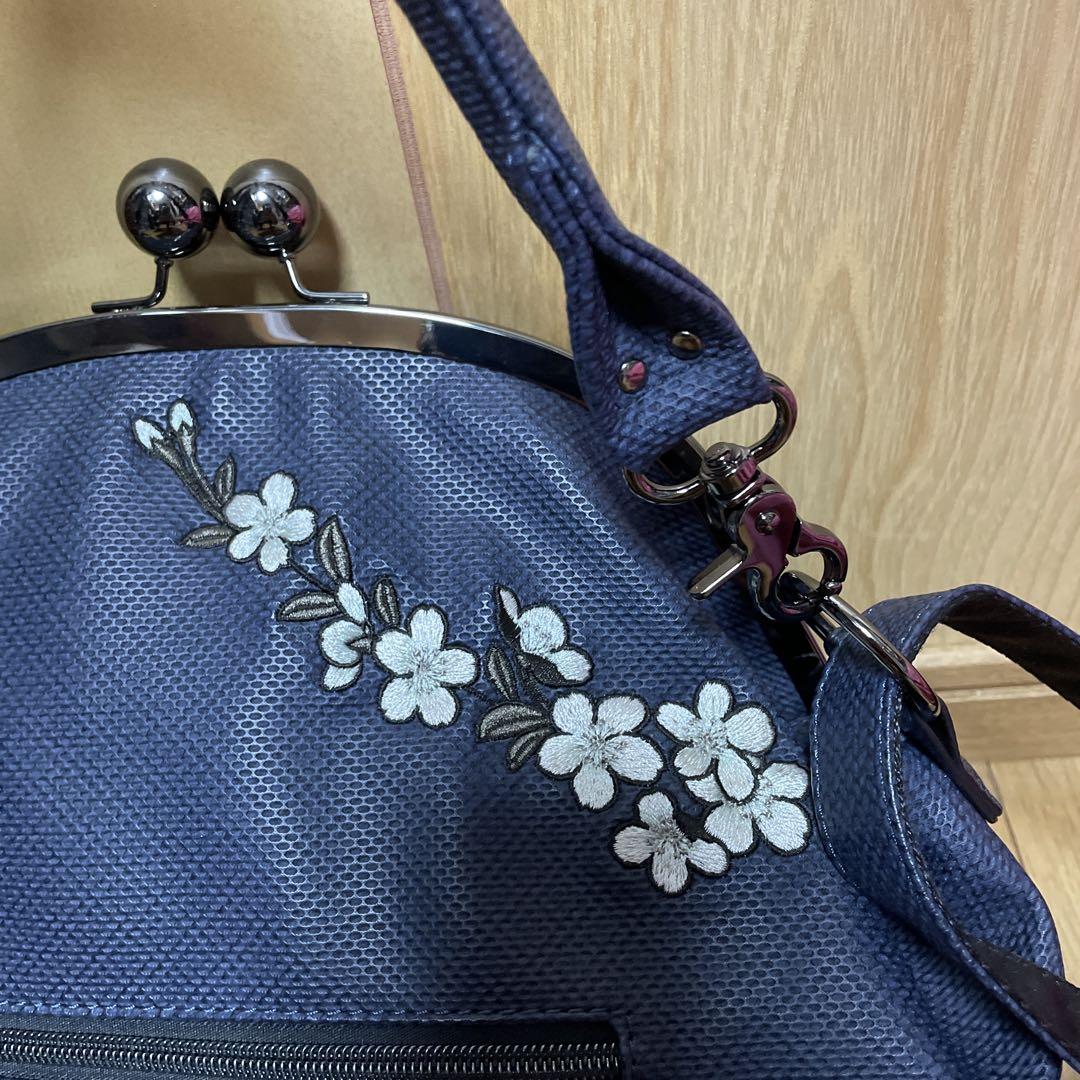 【日本製】 水色 花柄刺繍 がま口ショルダーバッグ バッグ
