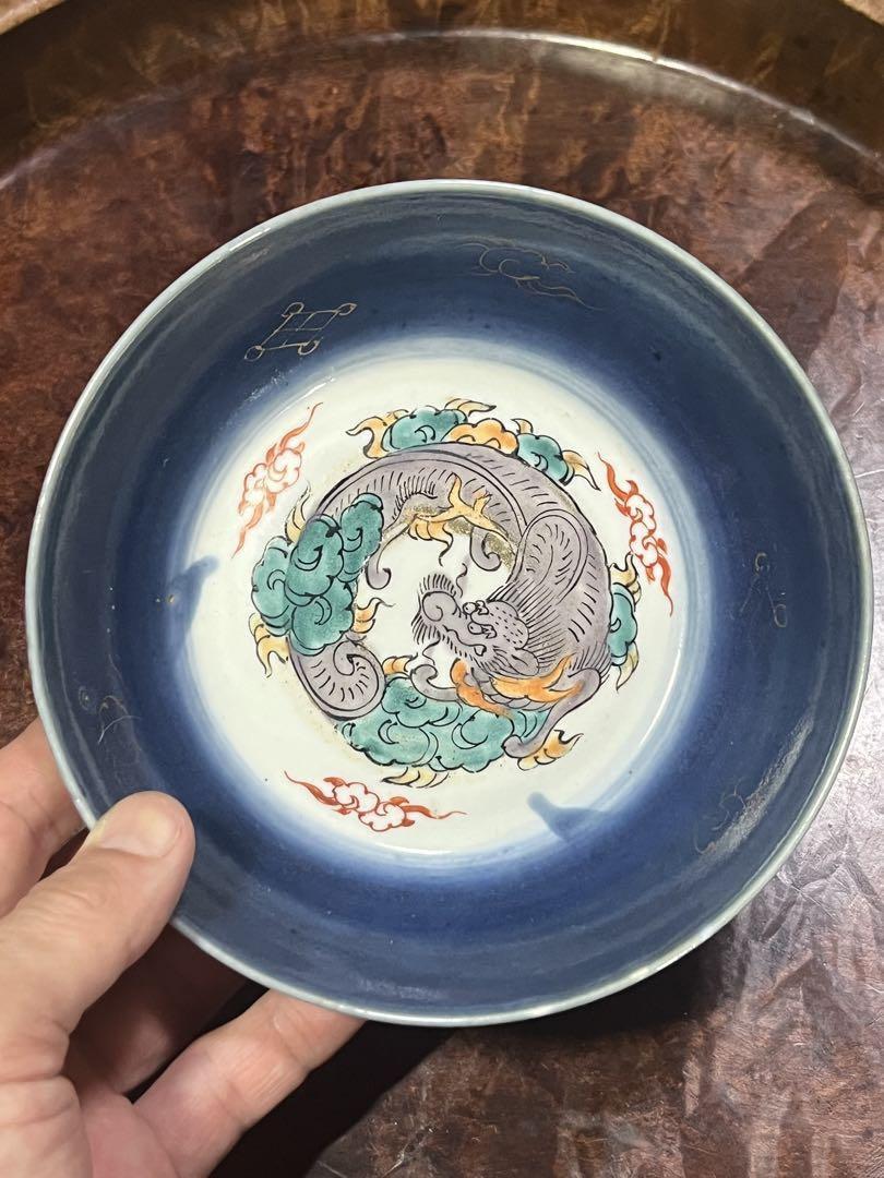 古伊万里　瑠璃　雨龍　一枚　雲龍　色絵　金彩　無傷完品　モダン