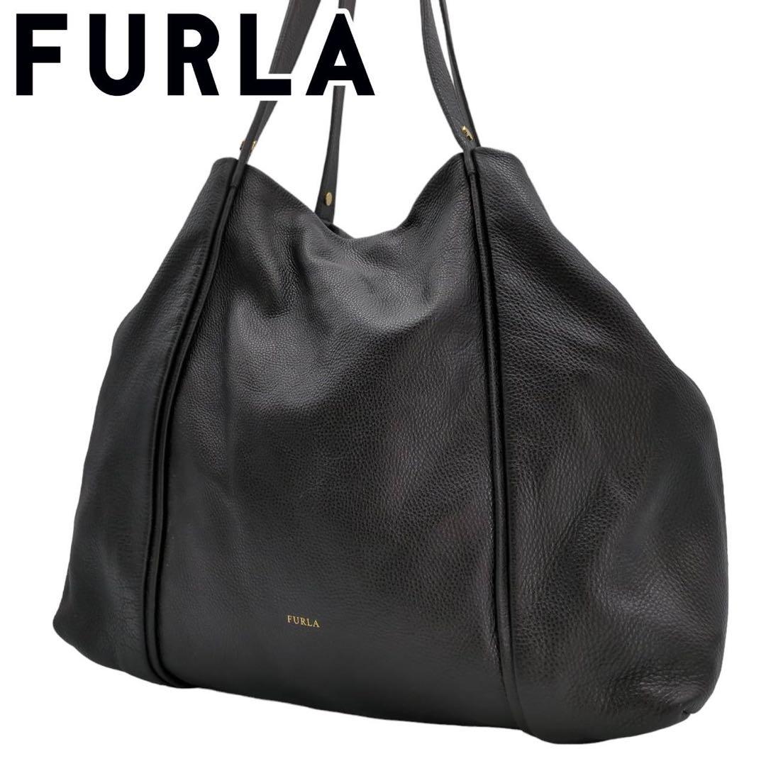 美品FURLA ブラックレザートートバッグフルラ黒