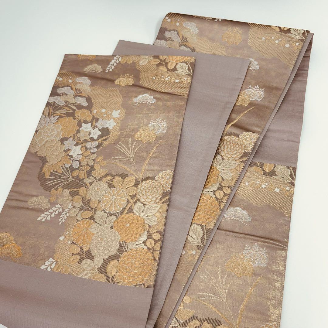 袋帯 花柄 松 金彩 織柄 素敵なデザイン 六通 正絹 T-7103
