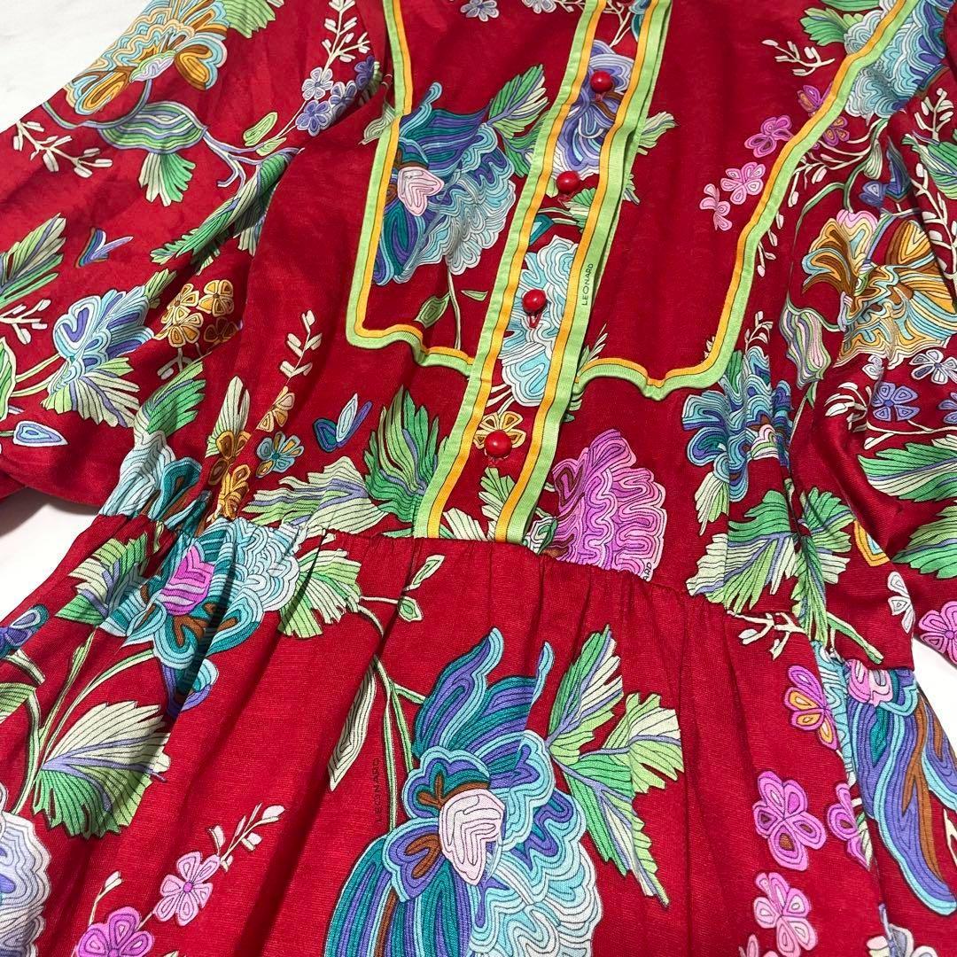 美品☆LEONARD☆チャイナドレス風ワンピース☆美しい花柄トリム☆