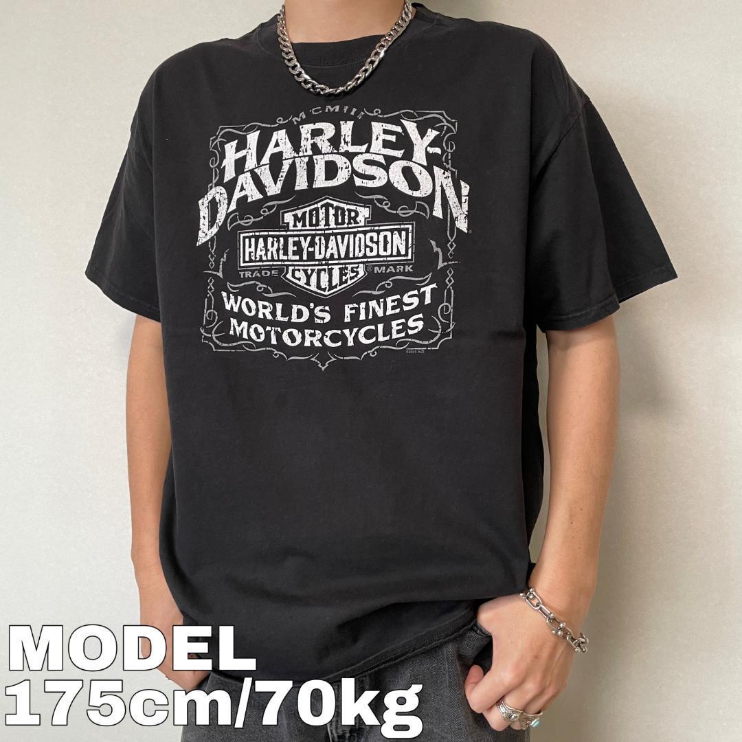 ハーレーダビッドソン プリントTシャツ 両面 バイク 黒 L相当 7980