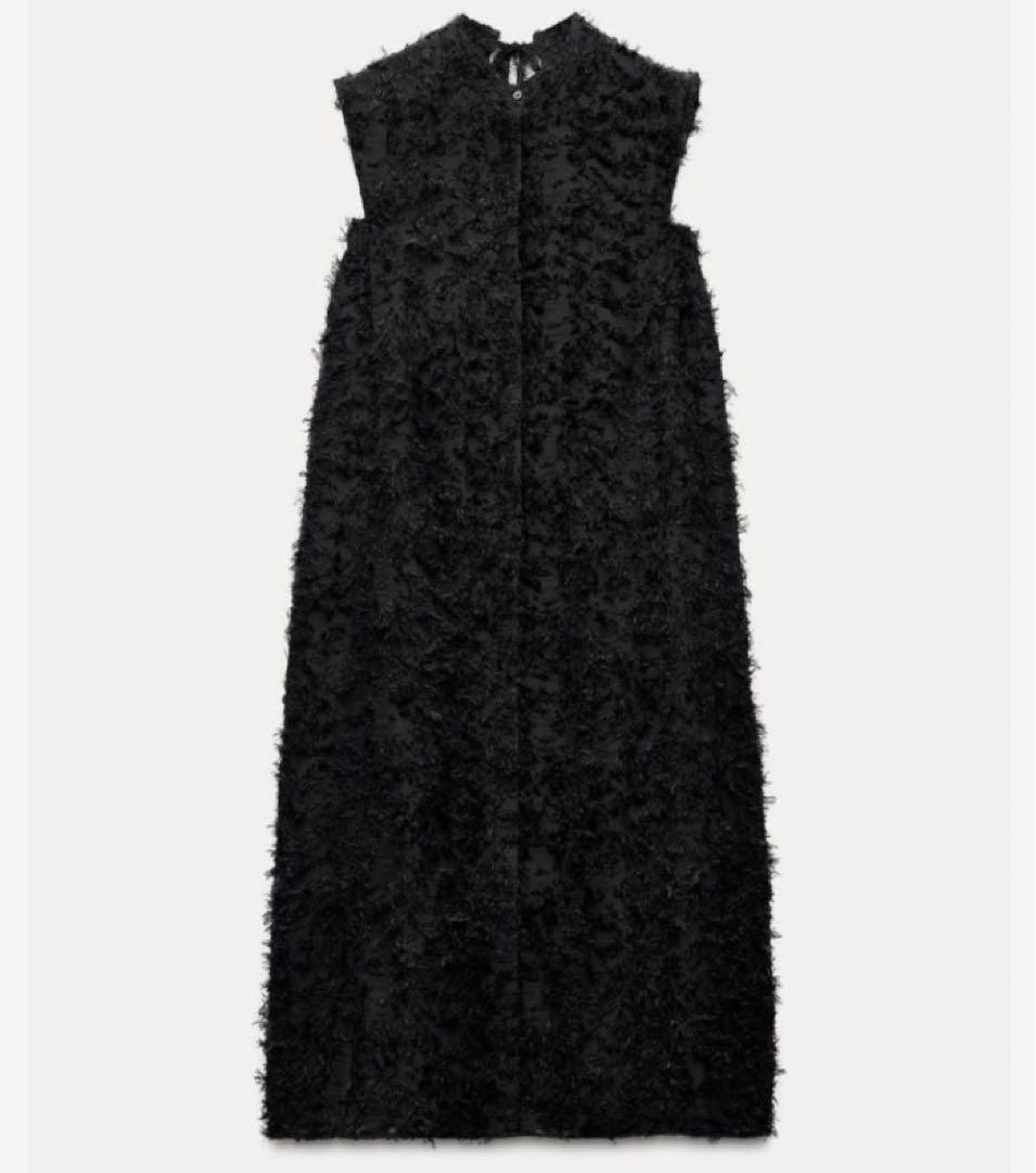 ZARA フリンジ付き ボリューム ミディ丈 ワンピース L ブラック