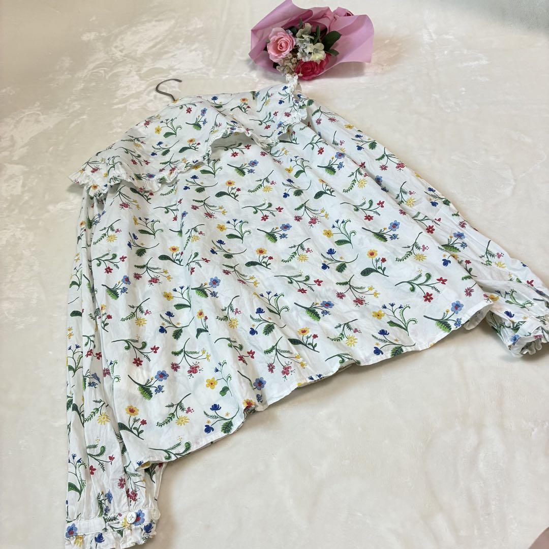 完売 BEAMS BOY セーラー花柄フリル付き長袖ブラウス ホワイト
