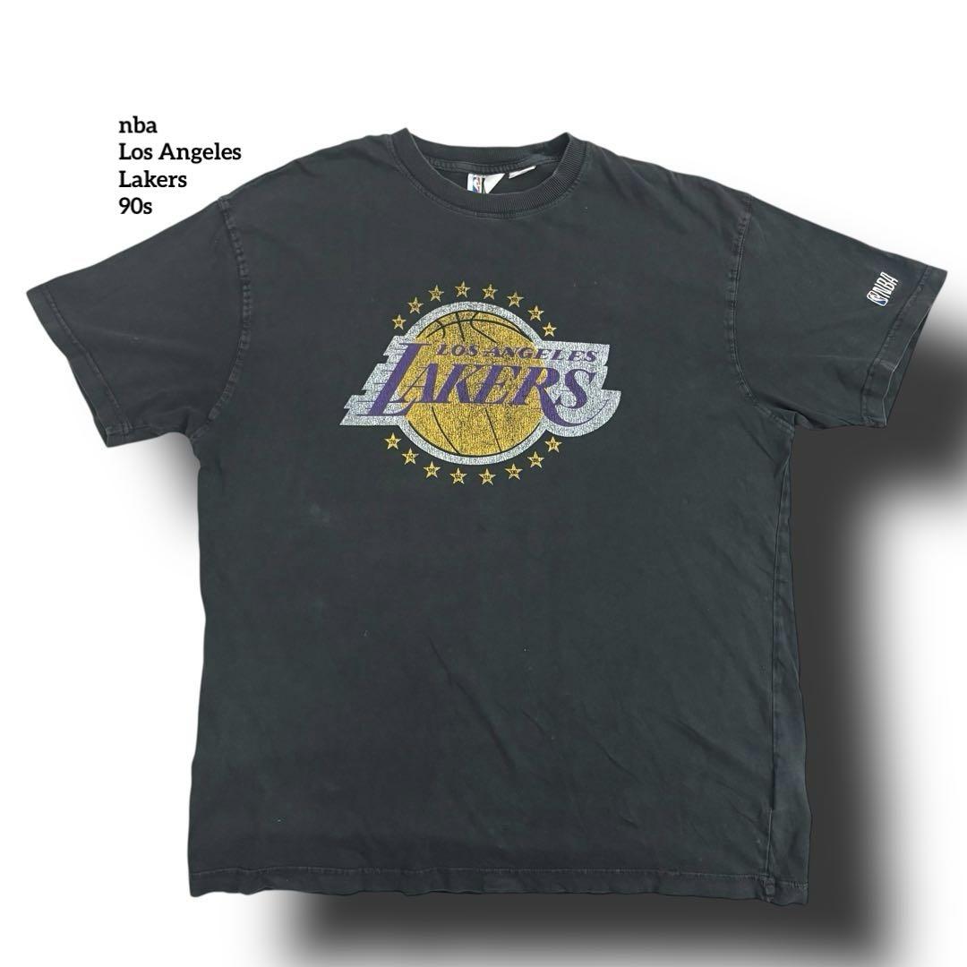 超激レアNBAレイカーズTシャツビッグロゴ90s鬼フェードブラックL刺繍ロゴ