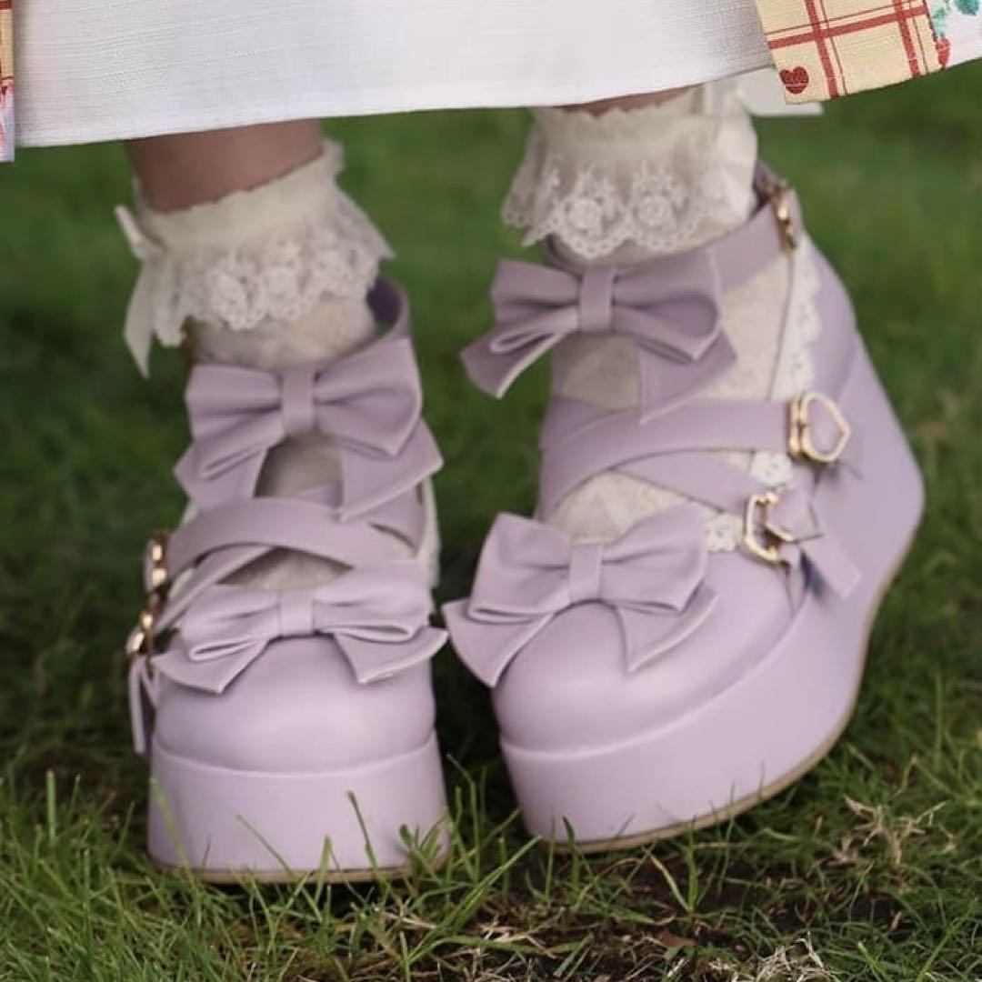 【Axes femme kawaii】リボンスカラップ 配色 シューズ 厚底 L