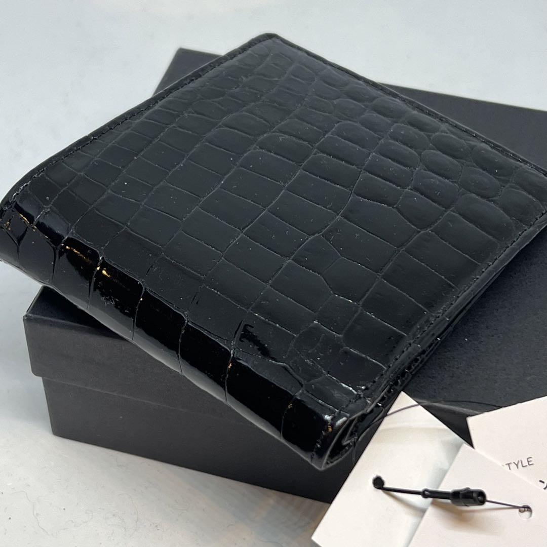 新品　一枚革　無双　ヘンローンシャイニング両面クロコダイルブラック折財布
