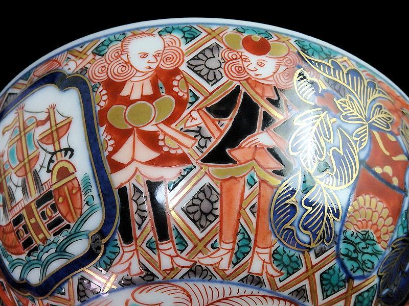 大聖寺伊万里　金襴手　五艘船に南蛮人の図　蓋茶碗　D898 AS-CIv