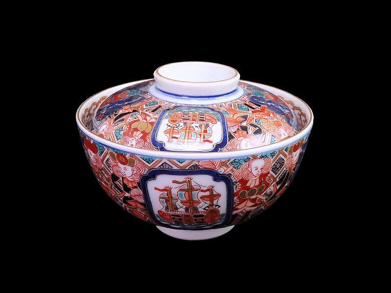 大聖寺伊万里　金襴手　五艘船に南蛮人の図　蓋茶碗　D898 AS-CIv