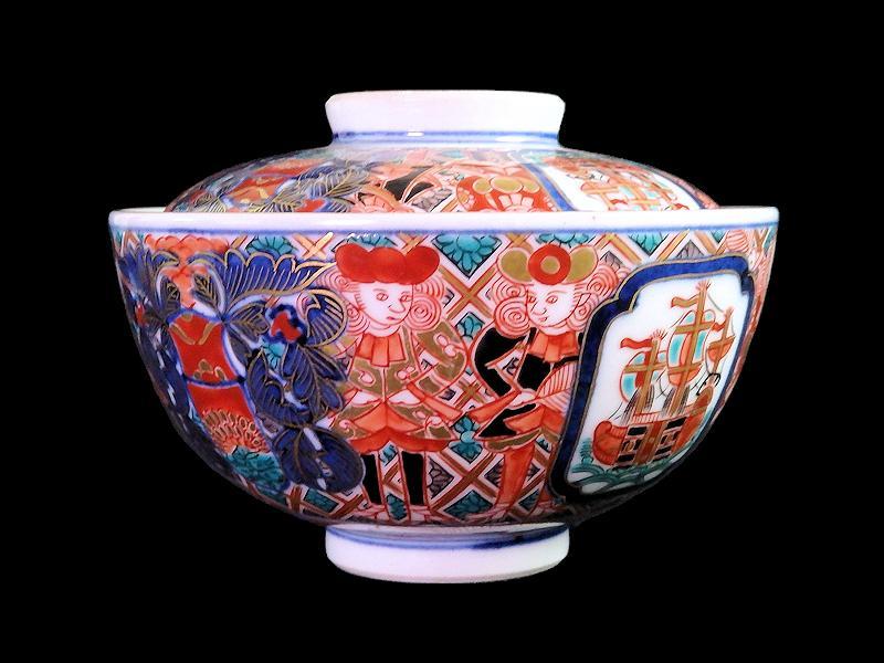 大聖寺伊万里　金襴手　五艘船に南蛮人の図　蓋茶碗　D898 AS-CIv