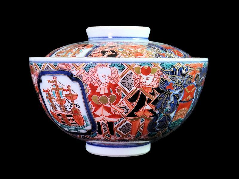 大聖寺伊万里　金襴手　五艘船に南蛮人の図　蓋茶碗　D898 AS-CIv
