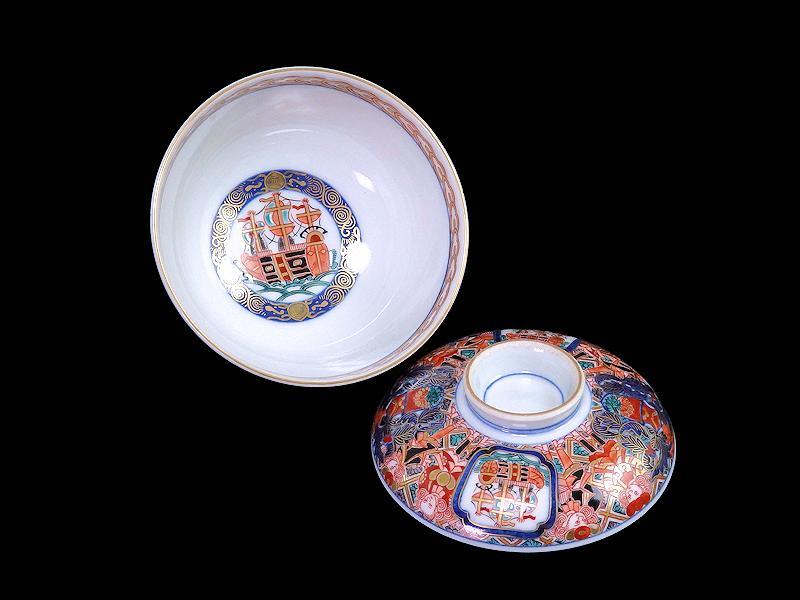 大聖寺伊万里　金襴手　五艘船に南蛮人の図　蓋茶碗　D898 AS-CIv